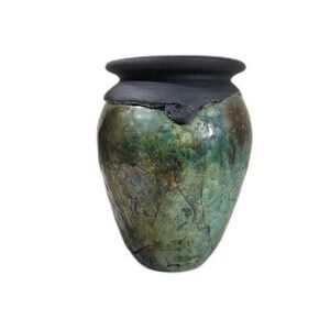 Studio Pottery Raku Vase Home Decor 6.5" Green Blue Excellent Iridescent Glaze